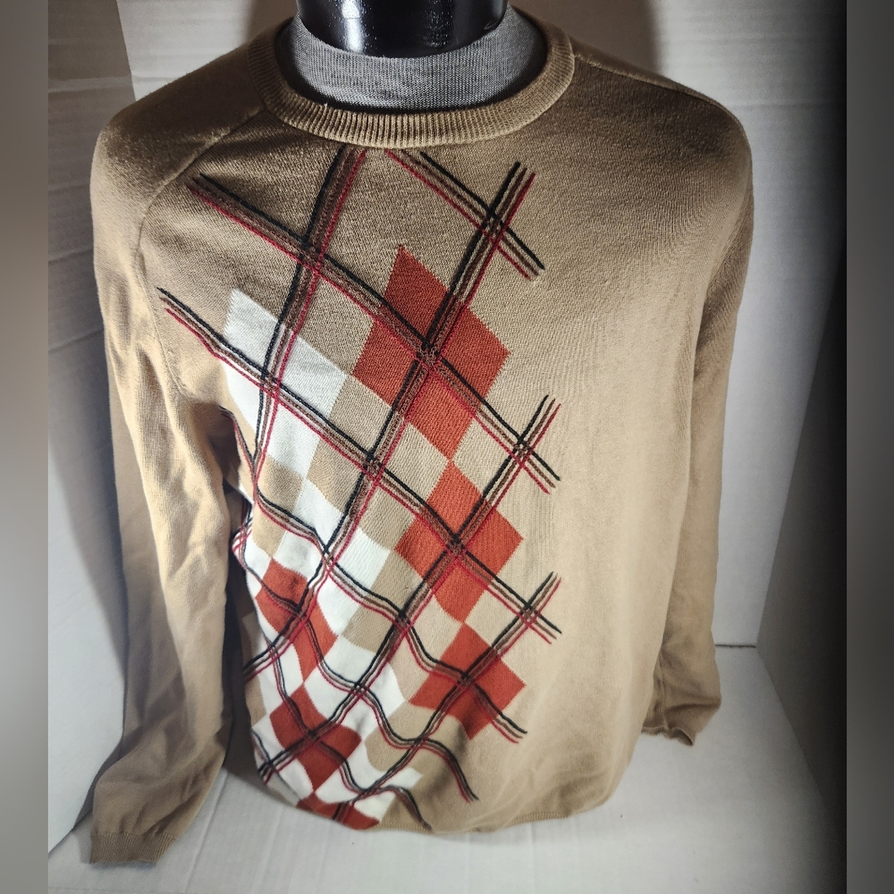 Men's Claiborne Argyle Beige and Orange Plaid Crewneck Sweater
